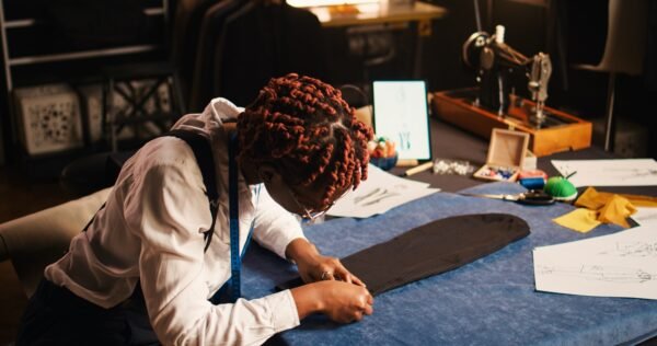 African american tailor preparing fabric