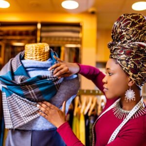 latino spain salewoman in storage update cotton and lace fabric showroom
